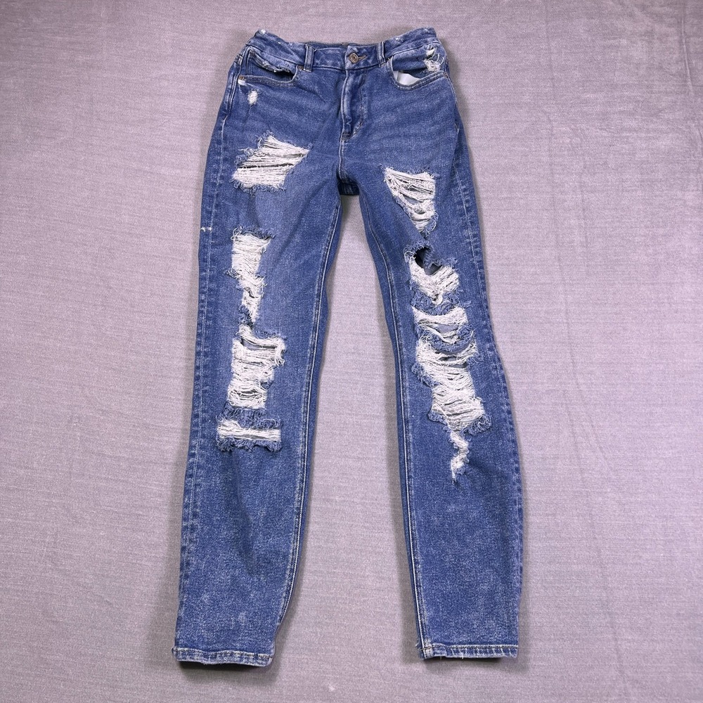 American Eagle Curvy Mom Distressed High Rise Jeans Women 2 Blue Denim